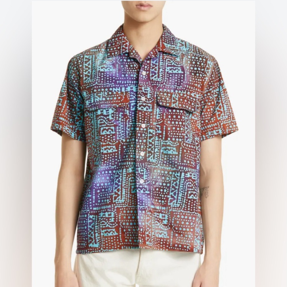 BEAMS Batik Print Short Sleeve Button-Up Camp Shirt